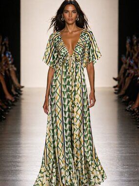 Misa Los Angeles Geometric Green and Yellow Maxi Dress